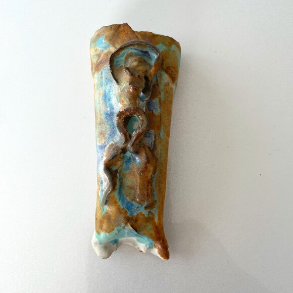 Rare Vintage Eckels Art Pottery Wall Pocket Signed Bob Eckels Brown w/Blue Glaze - Picture 1 of 15